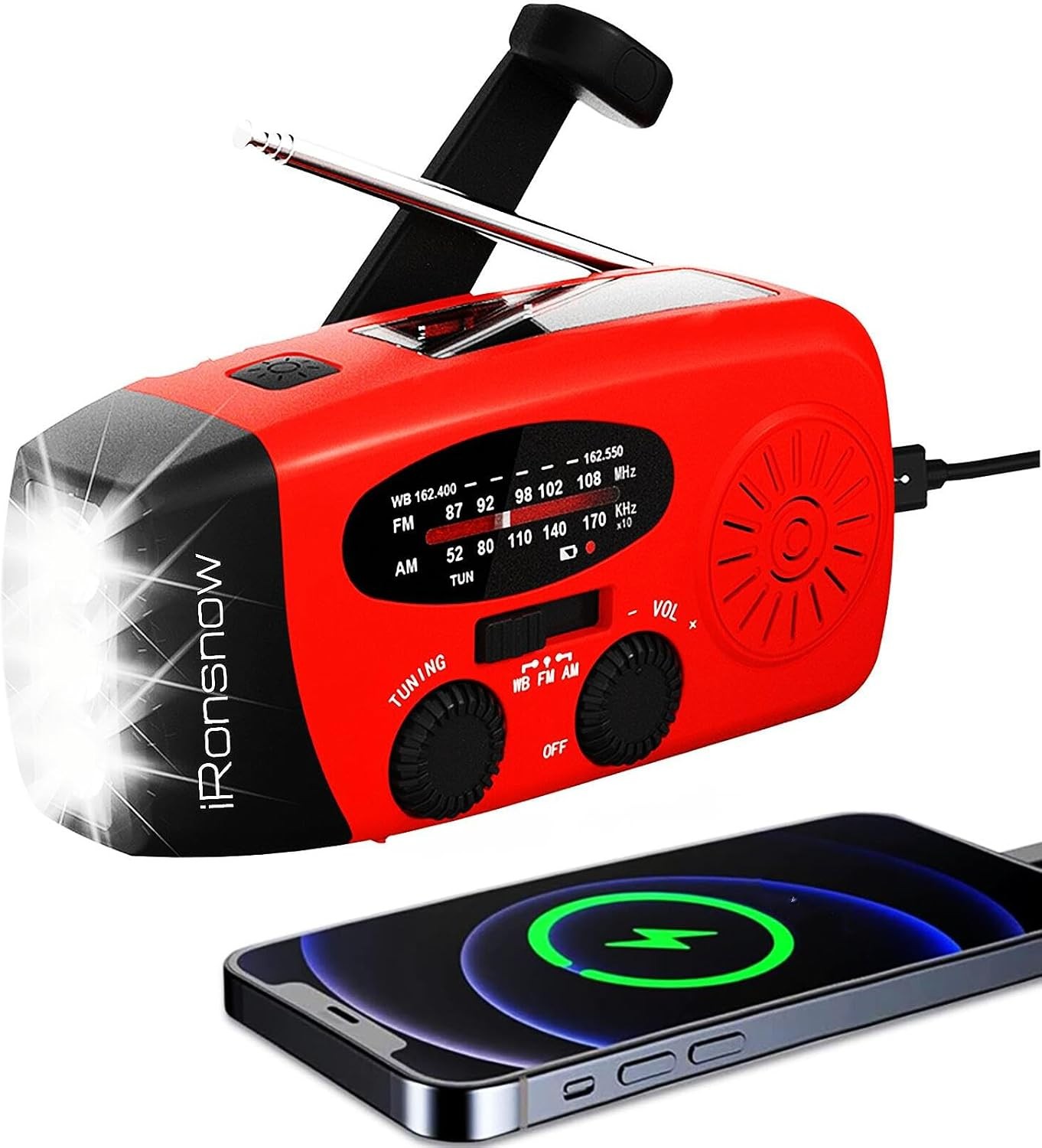 iRonsnow 2000mAh Solar Crank Emergency Radio with NOAA/FM/AM, Torch & Phone Char