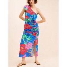 FARM Rio One-Shoulder Blue Tropical Ruched Midi Dress. Size XL