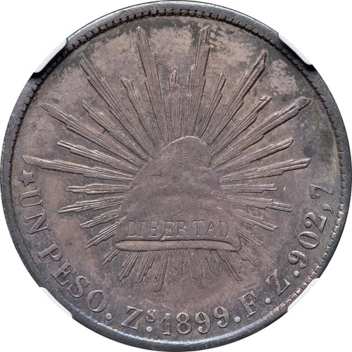Mexico 1 Peso Zs 1899 F.Z. Zacatecas, NGC AU58. Toning KM# 409.3