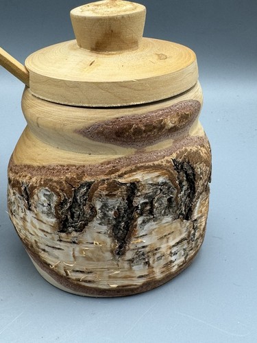 Vintage Unikat Naturrinde handgedrechselt Holzstein und Deckeldose mit Löffel - Bild 8 von 9