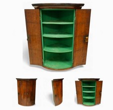 George III Oak Bow Front Tall Corner Cabinet –Dentil Cornice & Green Interior