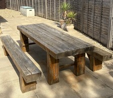 Rustic Weathered Outdoor Dining Set - Timber Sleeper Table & 2 Benches