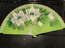 Vintage Folding Fan Wood Cloth Hand Painted Florial Design