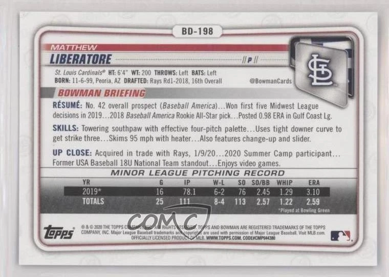 2020 Bowman Draft 1st Edition Blue Foil /150 Matthew Liberatore #BD-198 - Image 2 of 2