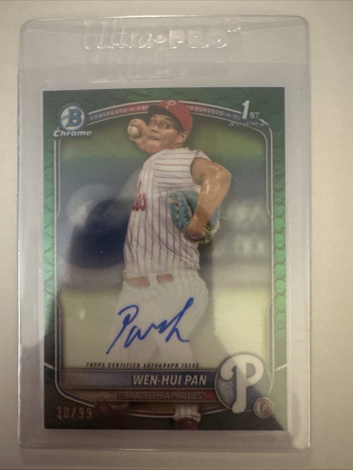 2025 Bowman Chrome Green Reptilian Refractor Wen-Hui Pan 1st ROOKIE AUTO /99