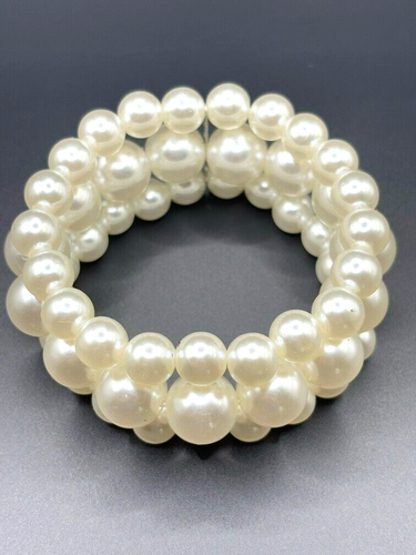 Vintage 3 Strand Graduated Imitation Pearl Layered Necklace Stretch Bracelet Set - Picture 4 of 21