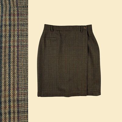 80s/90s British Khaki green plaid skirt, size vintage 1990s wool midi  skirt