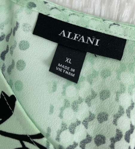 Alfani Womens Blouse Size XL Top Green Mint Black Floral Ruffle Sleeves 3/4 Zip - Picture 11 of 12