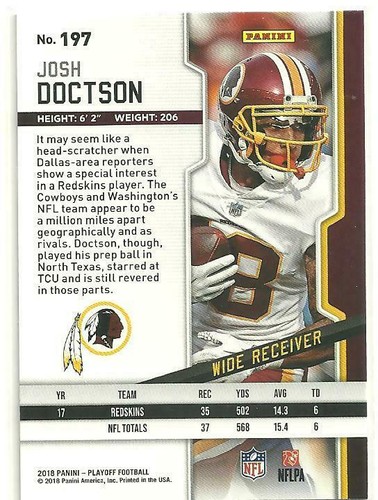2018 Panini Playoff - JOSH DOCTSON #197 base - Washington Redskins 🏈 - Picture 2 of 2