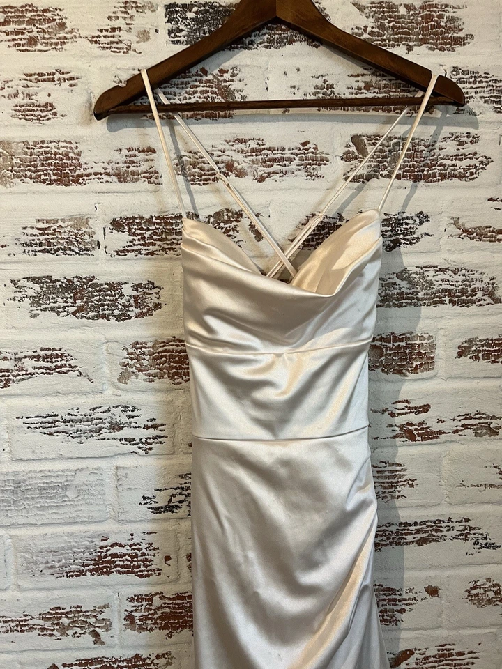 Windsor Ivory Satin Formal Prom Homecoming Gown Pageant Strappy Back Long Size S - Image 3 of 4