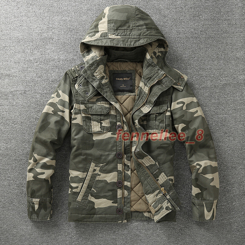 Men Thicken Camo Combat Field Jacket Retro Warm Hooded Military