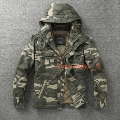Men Thicken Camo Combat Field Jacket Retro Warm Hooded Military