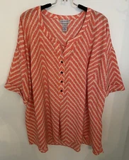 Catherines Women's Size 2X Coral Beige Print Popover Henley Blouse Hi-Low Hem
