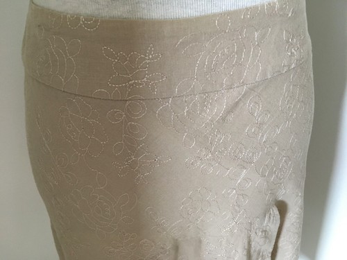 VINTAGE 90s TARGET MOCHA LINEN BLEND APPLIQUÉ STITCHING FLARE SKIRT Vtg/mod 12 - Picture 2 of 12