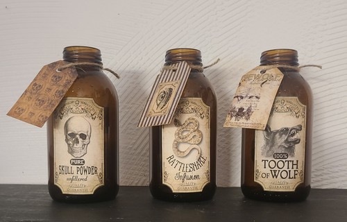 Halloween Apothecary Bottles Set Of 3 Amber Glass w/Labels And Decorative Tags