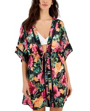 Miken Women's Ladder-Trim Drawstring-Waist Cover-Up Kimono Black Size Small
