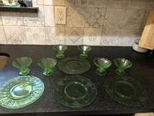 10 piece- Uranium depression Green Glass Dessert Glasses and plates