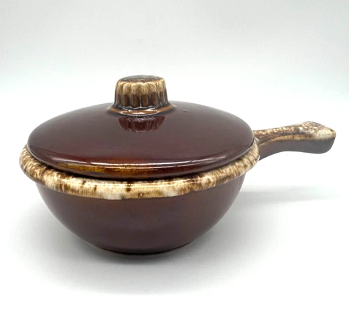 VTG Hull Pottery Brown Drip Glaze Handle Bowl W/ Lid Oven Proof USA Soup/Chili