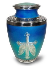 Blue Aluminium Engraved Cremation Urn Funeral Metal Burial Urn for Human Ashes