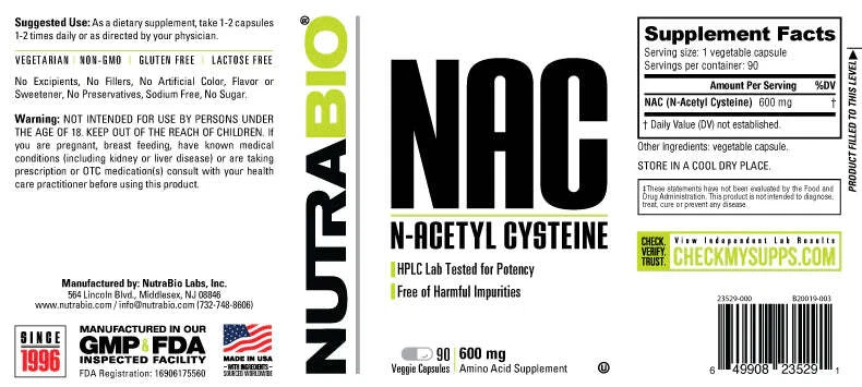 Nutrabio NAC (N-acetil-cisteína) 600 mg 90 cápsulas 100% AUTÊNTICO - Imagem 3 de 3