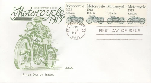 1983 First Day of Issue - Postage Stamp honoring  Motorcycles - Artmaster