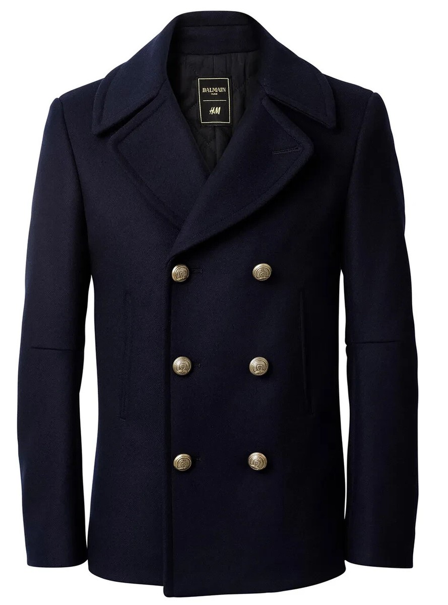 BALMAIN X H&M Navy Blue Wool Blend Double Breasted Pea Coat UK-US 36R EU 40  RARE