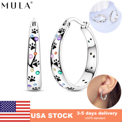 MULA Women Hoop 925 Sterling Silver Earrings Colorful AAA CZ Claw Print Jewelry