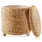 Round Storage Ottoman Footrest, Woven Hyacinth Wicker Footstool Basket w Lid