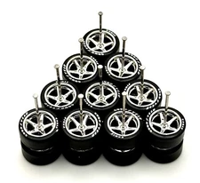 5x Chrome Advan V2 11/11mm Regular Axle Wheels Letter Rubber Tires for 1/64 JDM