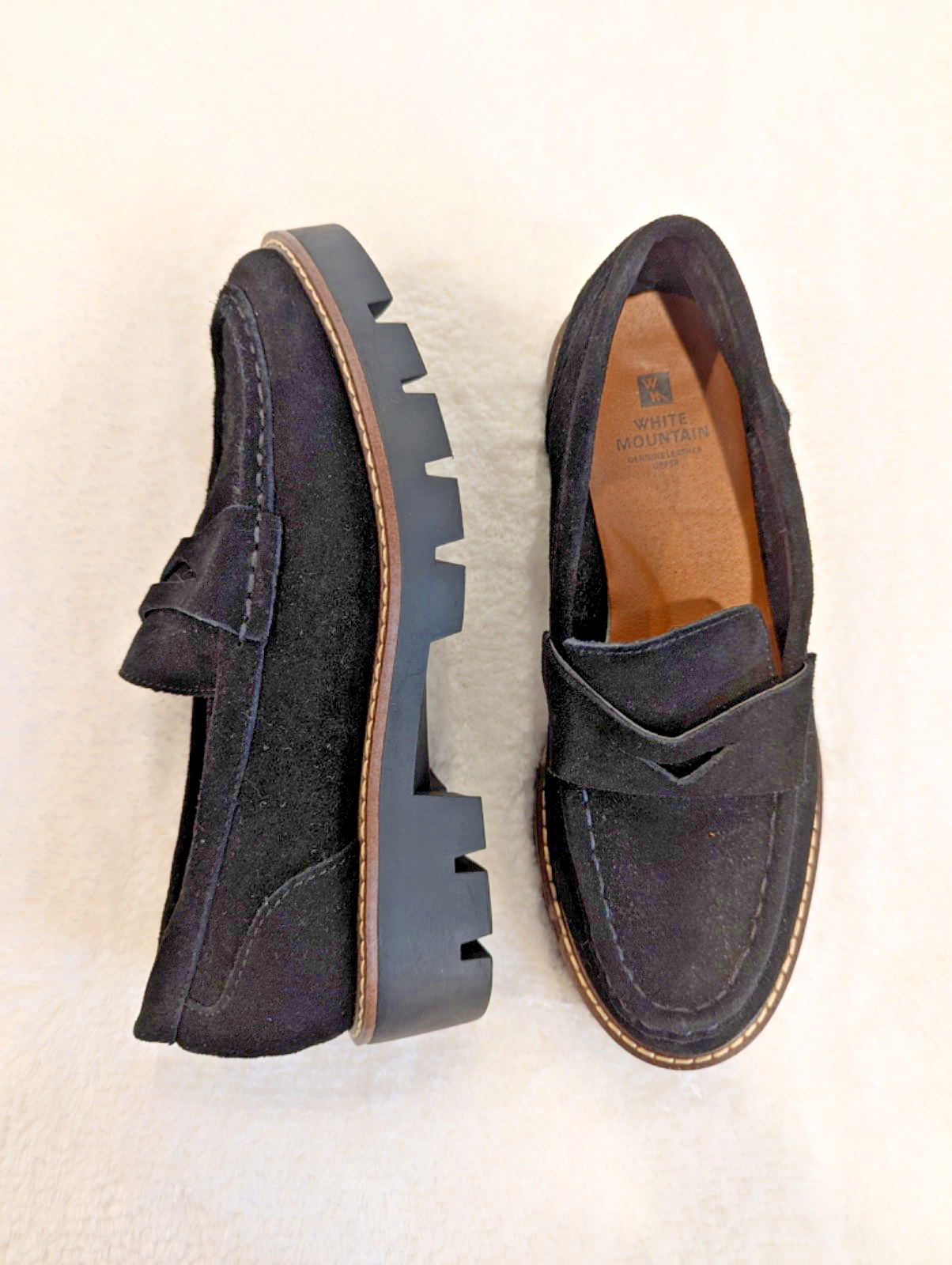 SAOLA Mocassini in vera pelle scamosciata suola a strappo bianchi montagna tinta unita neri taglia 7M. Nuovo senza scatola