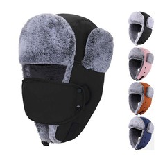 Men Women Waterproof Winter Faux Fur Warm Hunting Hats with Ear Flaps and Mask