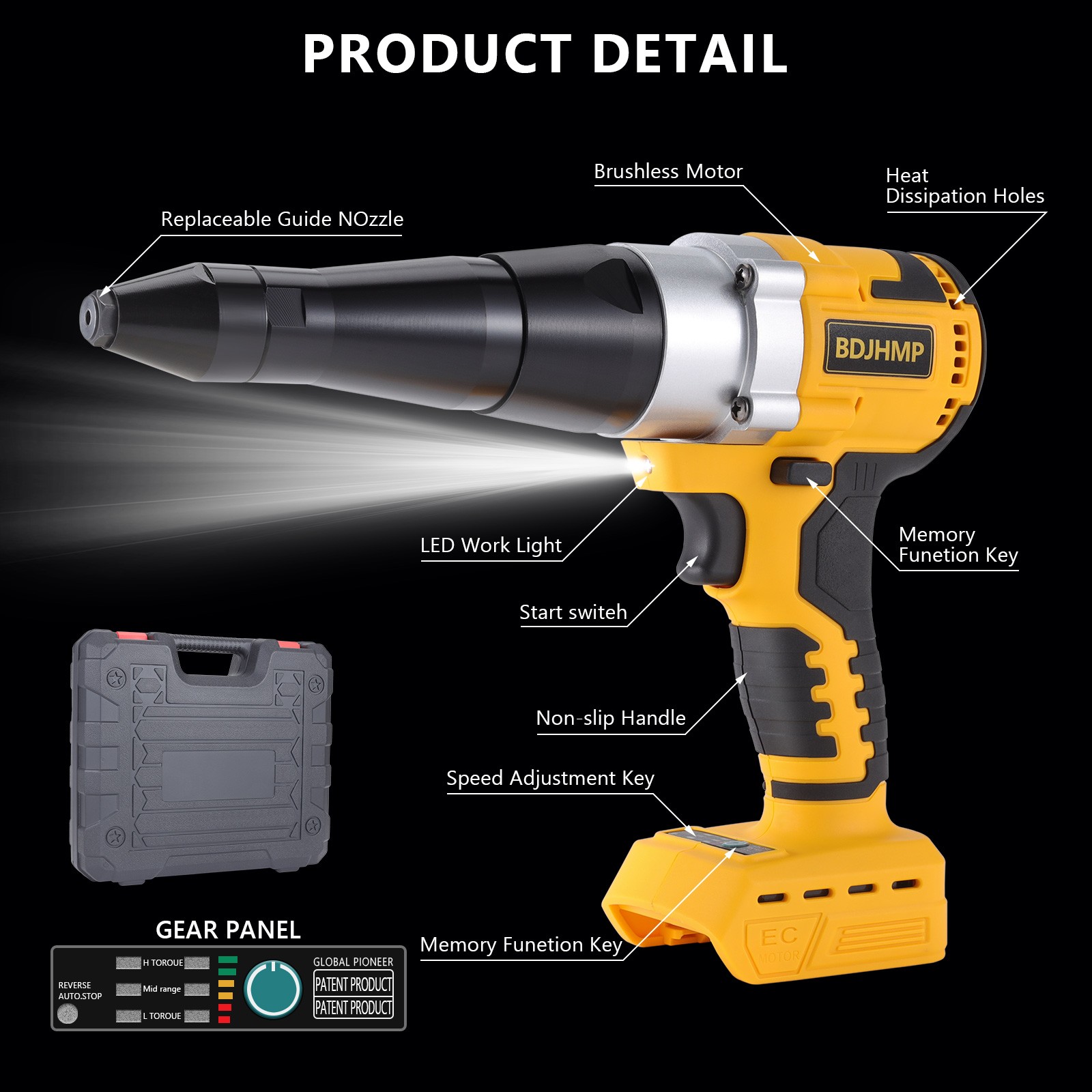 Brushless Cordless Rivet Gun Tool 1/8" 5/32" 3/16" For Dewalt 20V Battery