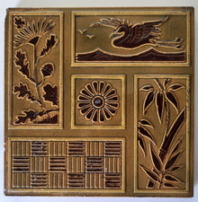 ORIGINAL HEAVY VINTAGE VICTORIAN CERAMIC TILE - STORK & FLOWERS DESIGN 6" SQ