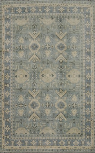 Übergang Hellblau Seide Teppich Handarbeit Geometrisch Oushak Stil Vorleger 6x8 - Bild 1 von 12