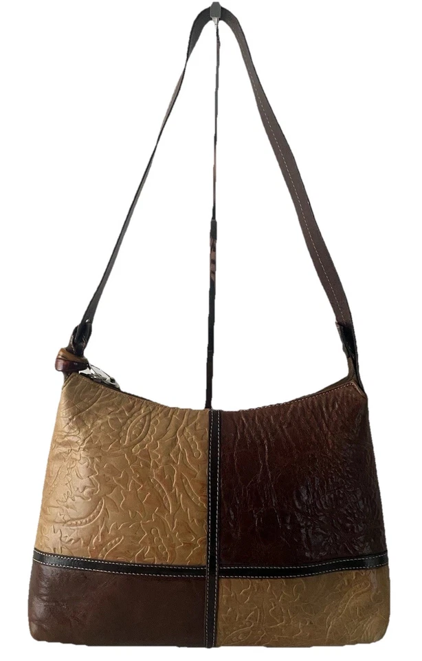 复古真皮拼布手提包单肩包花卉浮雕 — 第 2/4 张图片