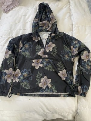Thread Supply Women's Rain Jacket Floral On Black Medium Packable Hooded