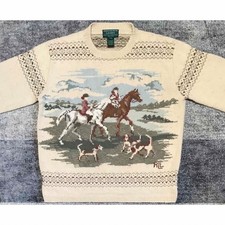 Vintage Lauren Ralph Lauren Hand Knit Scene Sweater Riding Dog Women P/M