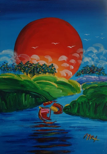 Fine unique painting – Pop art composition, ship at sea, signed Peter Max