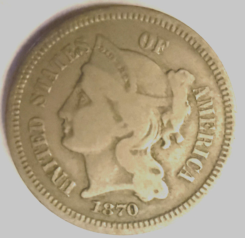 us coins 1870 Nickel 3 cent F