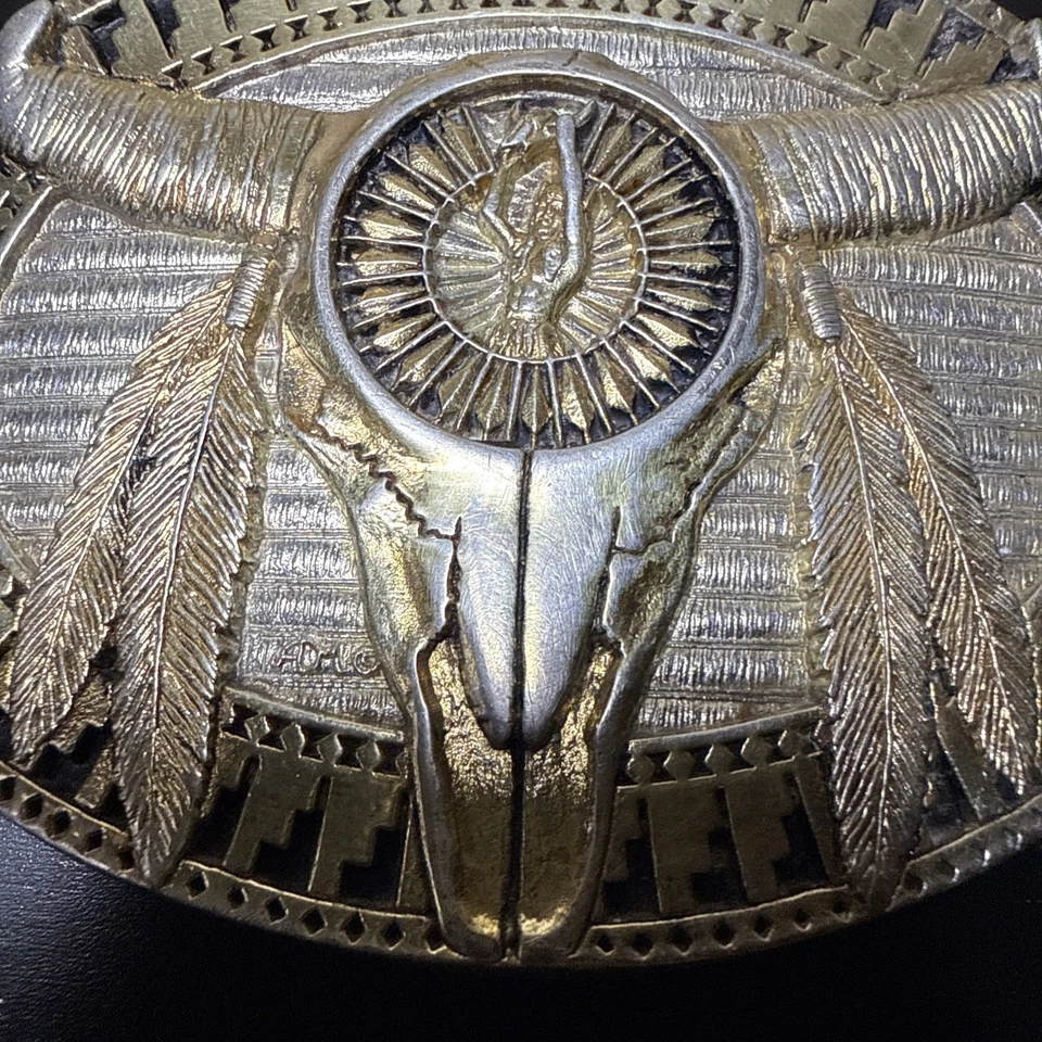 Hebilla de cinturón de latón occidental calavera de búfalo nativo americano suroeste vaquero rodeo Foto 3 de 4
