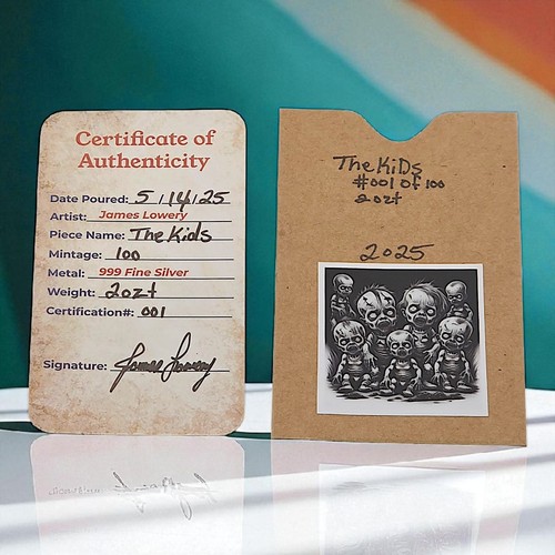2025 JC Metals - 'The Kids' - Barra de plata fina envejecida 0,999 de 2 oz + certificado de autenticidad #001/100 - Imagen 8 de 9