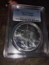 Graded Slab PCGS 1992 Ms69 Silver Eagle $1 Silver Coin 0.999.