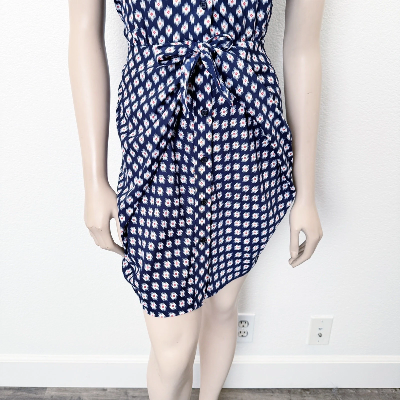 Abito mini camicia Michael Michael Kors taglia 0 blu stampa Ikat senza maniche nodo cravatta