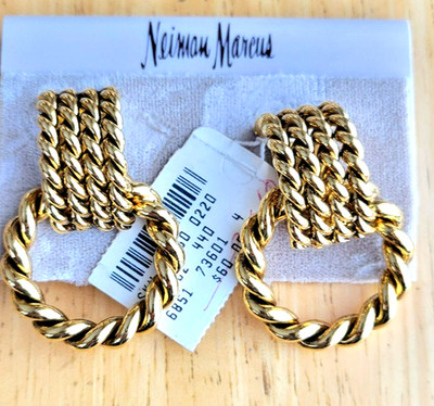 NWT VTG Braided Gold Tone Door Knocker Clip-on Earrings- Neiman Marcus