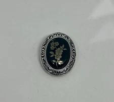 Vintage West Germany Black Silver Tone Scarf Clip Framed Floral Motif