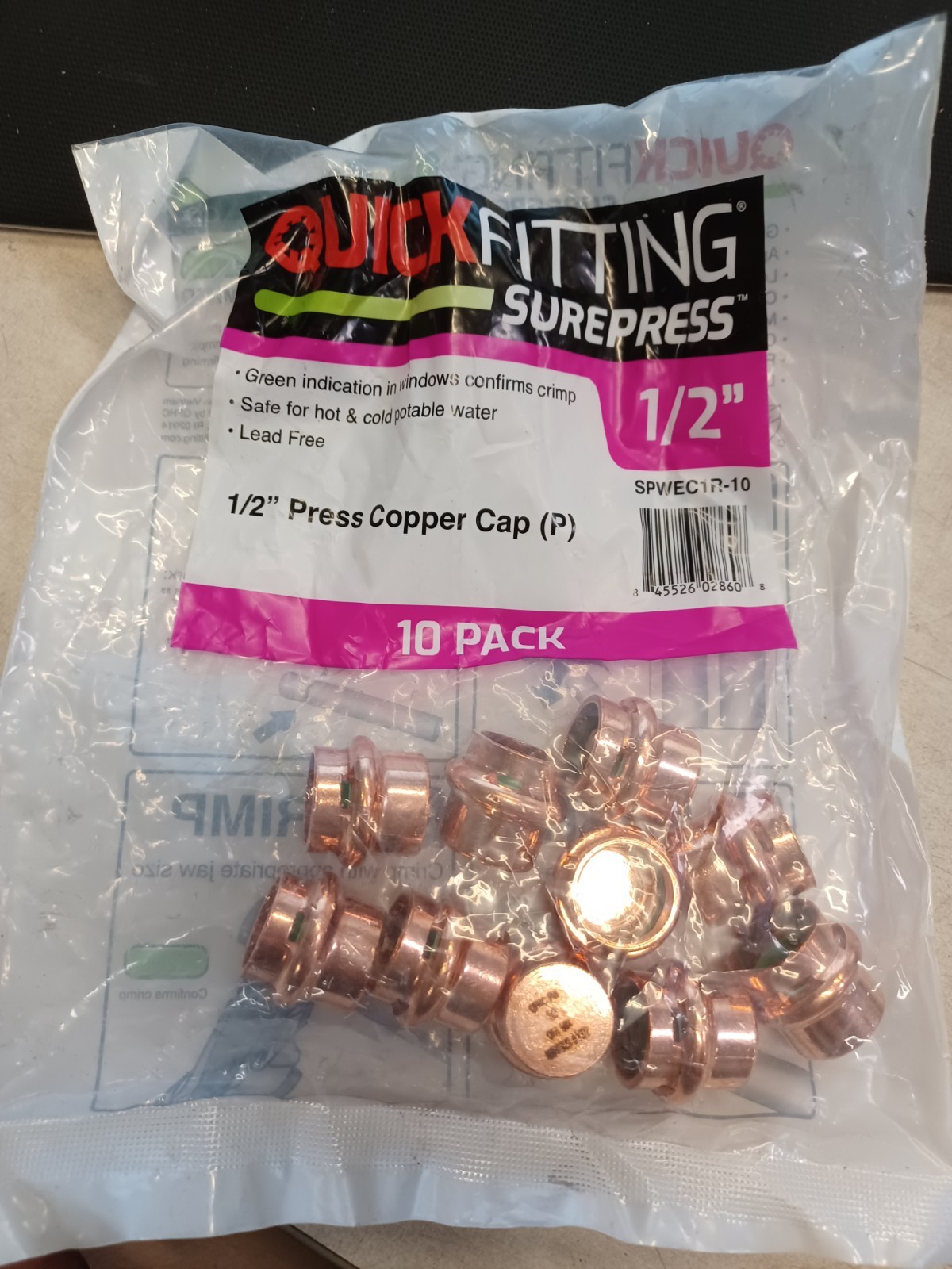 Lot Of 10 SEALED Bag QuickFitting 1/2 in. Press Copper Cap -SPWEC1R-10