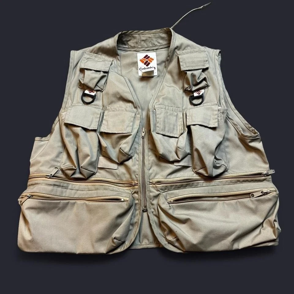Vintage Columbia Vest Medium Tan Fishing Hunting Multi Pocket Made USA 90s