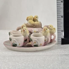 Miniature Chicks Tea Set Figurine Spring Decor Floral Cups Plate Chickens Easter