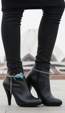 Cute Women Silver Metal Chain 2 Boot Bracelet Shoe Anklet Blue Flower Charm PAIR