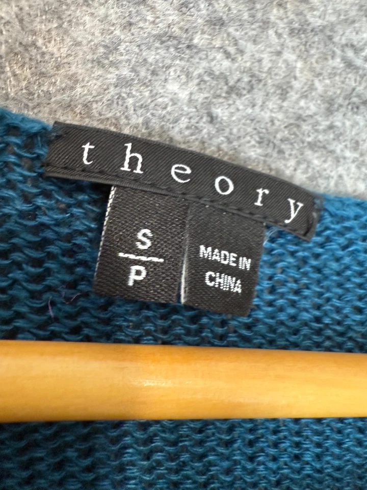 Theory 开放式针织 100% 亚麻上衣衬衫女式小号短袖轻便蓝色 — 第 2/4 张图片